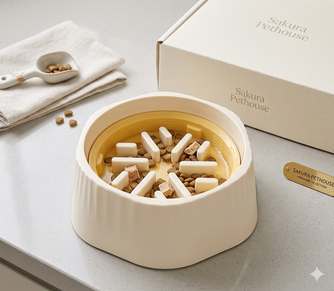 Dog food bowl with treats on a light surface, featuring Sakura Pethouse branding.