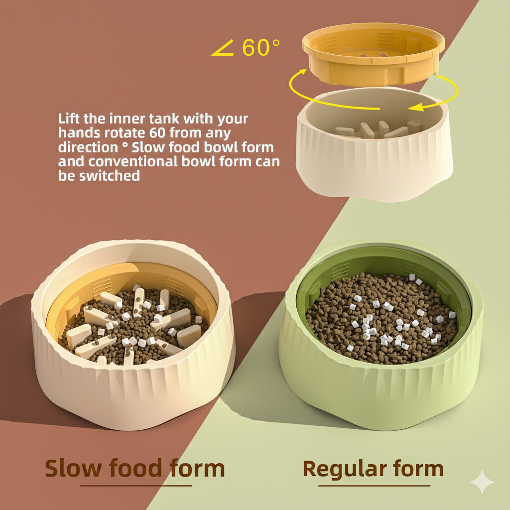 Two pet food bowls, one for slow food form and one for regular form.