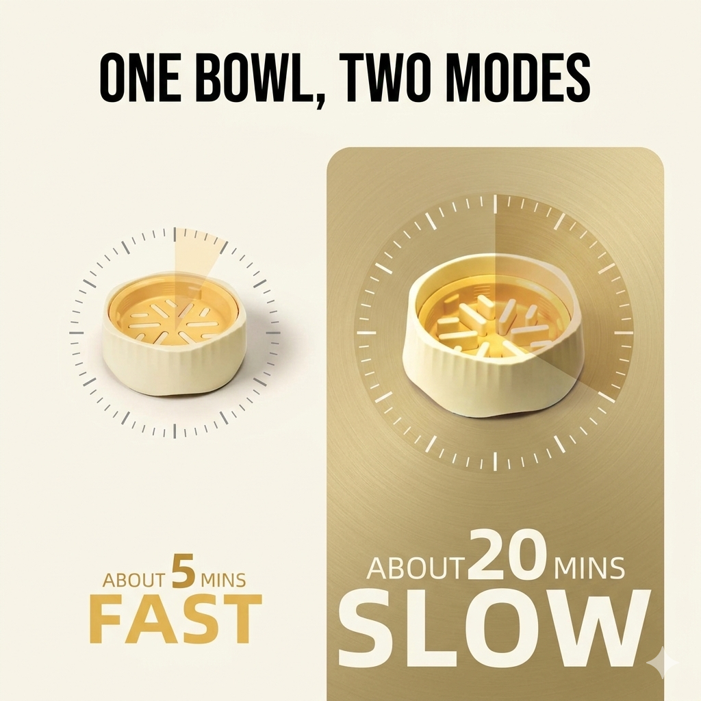 Product with text 'One Bowl, Two Modes' showing fast and slow cooking times.